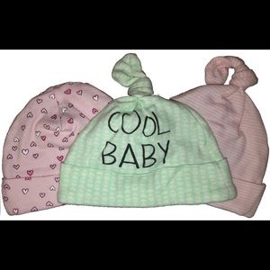Lot of 3 Baby Beanie Caps Size 0-6 Mo